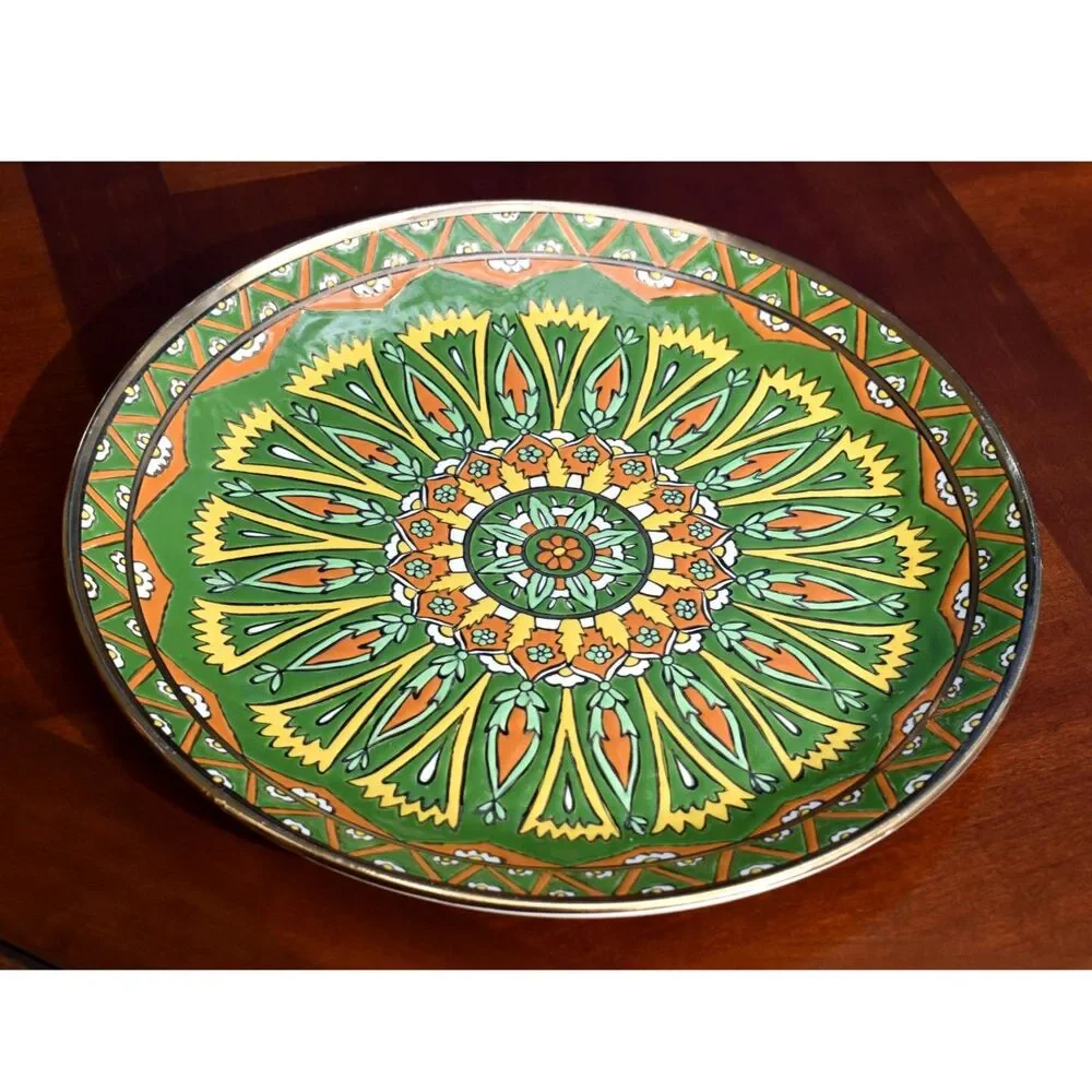 Vintage Greek Wall Plate - Green Yellow Orange Embossed Enamel - Lindos Keramik